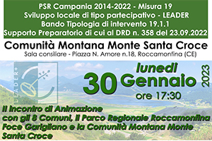 II INCONTRO DI ANIMAZIONE LUNEDÌ 30 ALLA COMUNITÀ MONTANA MONTE SANTA CROCE PER IL SOSTEGNO ALLO SVILUPPO LOCALE DI TIPO PARTECIPATIVO