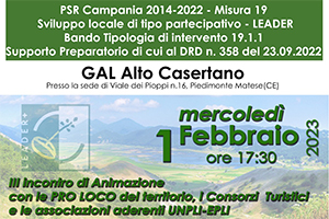 III INCONTRO DI ANIMAZIONE DOMANI MERCOLEDÌ 01 CON LE PRO LOCO DEI 48 COMUNI ED I CONSORZI TURISTICI ADERENTI ALL’UNPLI E ALL’EPLI.